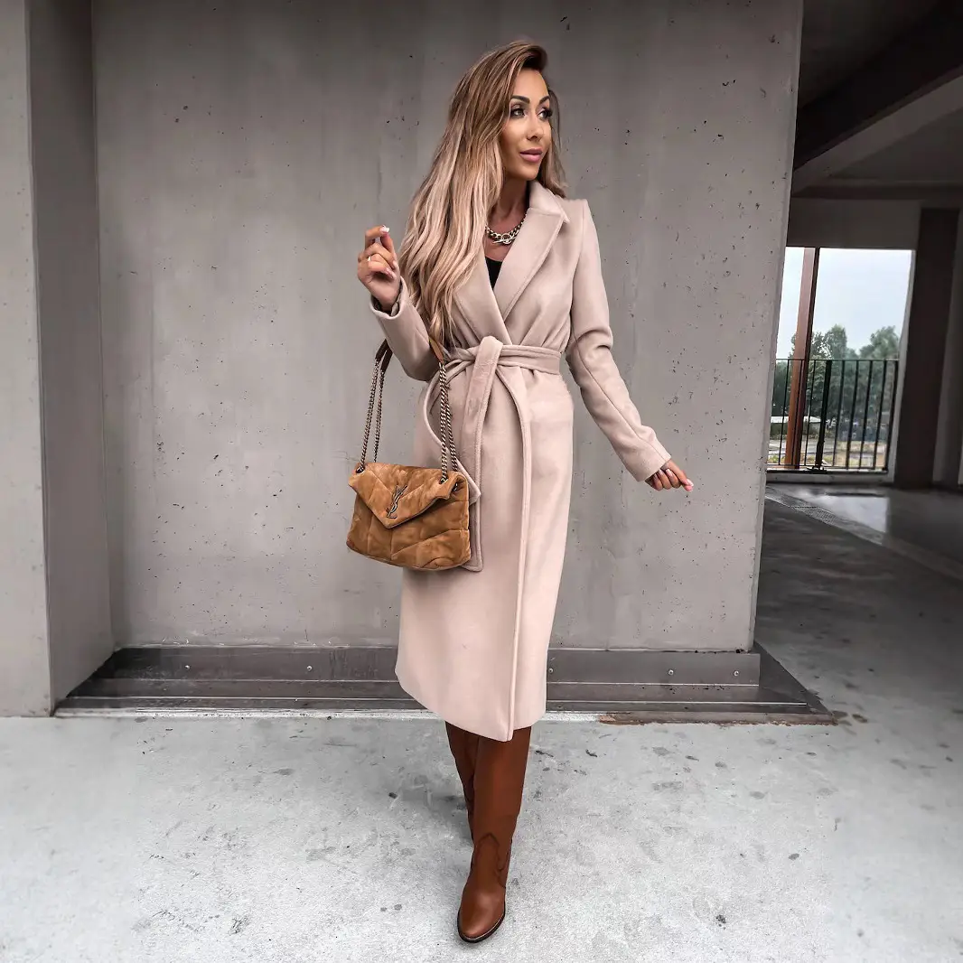 Women Woolen Belted Coat White Camel Black S-3XL
