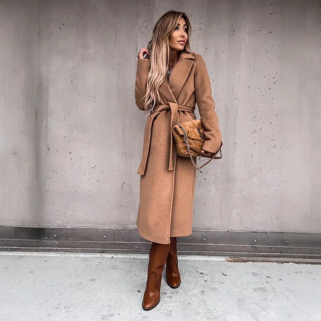 Women Woolen Belted Coat White Camel Black S-3XL