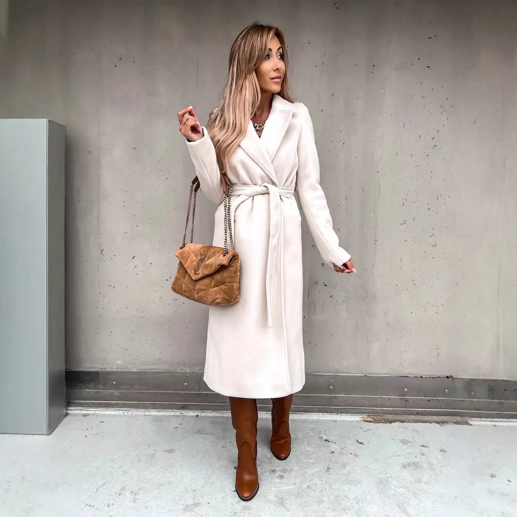 Women Woolen Belted Coat White Camel Black S-3XL