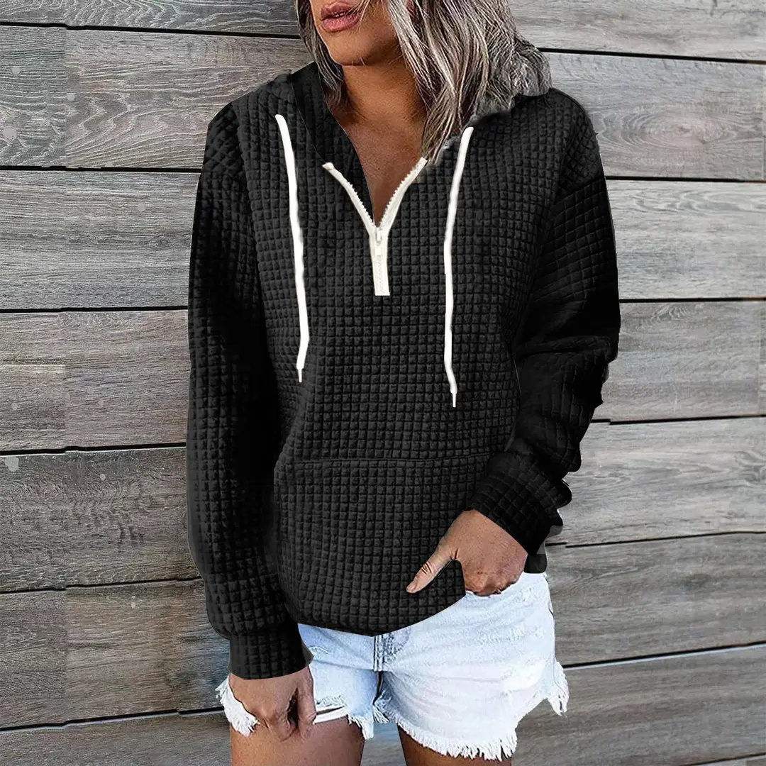 Women Zipper Hoodie Waffle Texture Casual Home Wear Multi Color