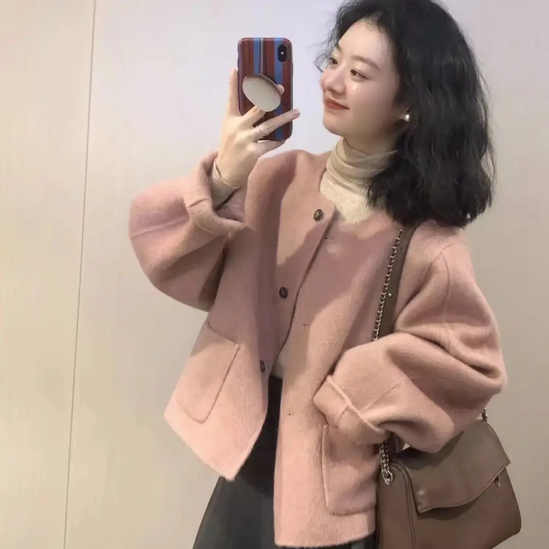 Pink Wool Coat Women Winter Korean Style