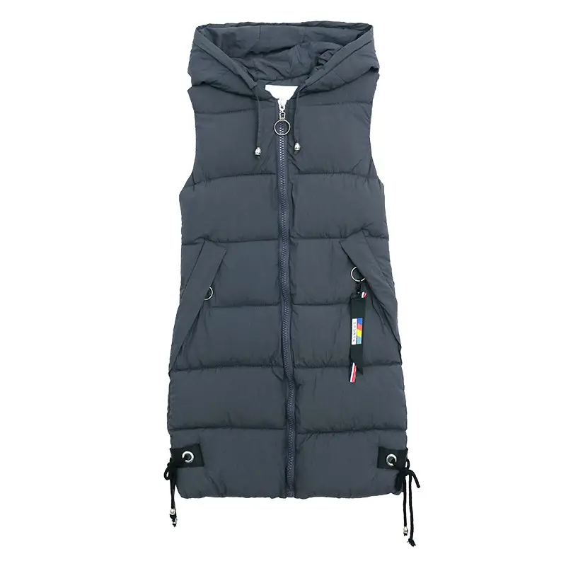 Women's Black Mid-Length Down Vest Slim Fit Autumn Winter