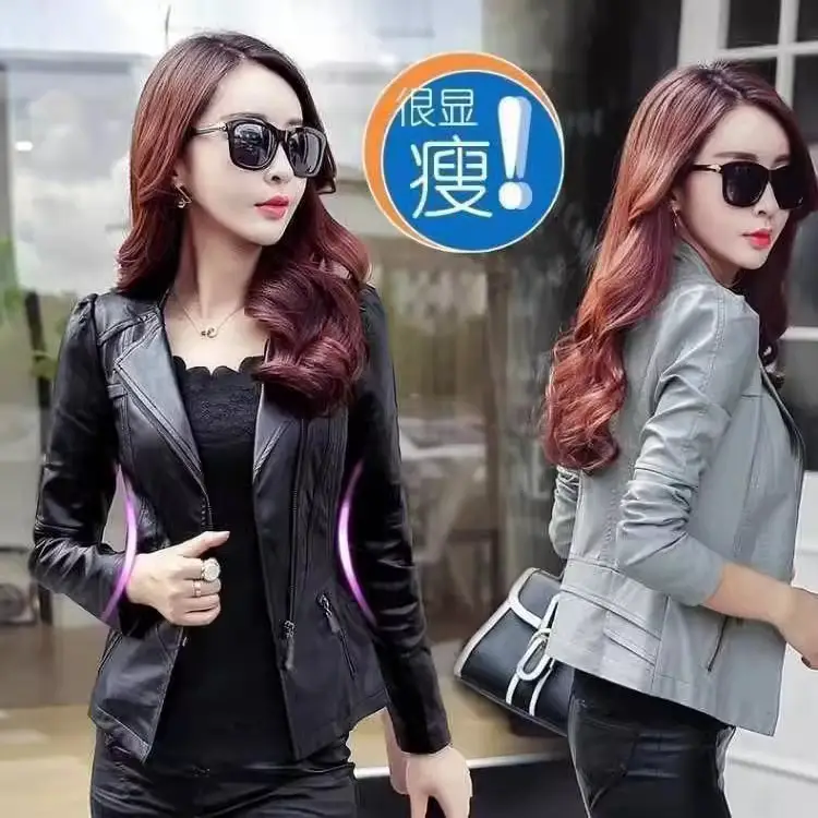 Women Pu Leather Jacket Korean Style Slim Fit Black