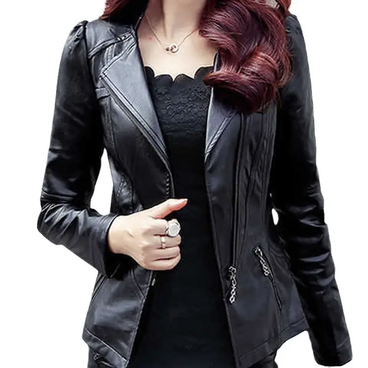 Women Pu Leather Jacket Korean Style Slim Fit Black