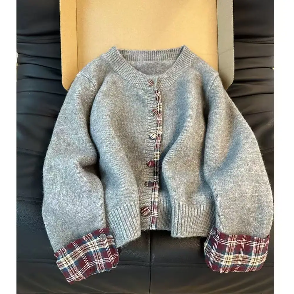 Women Plaid Knit Cardigan Gray Winter Warm