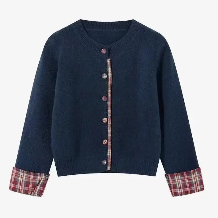 Women Plaid Knit Cardigan Gray Winter Warm