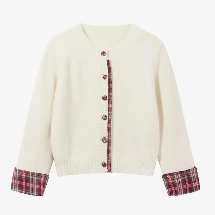 Women Plaid Knit Cardigan Gray Winter Warm