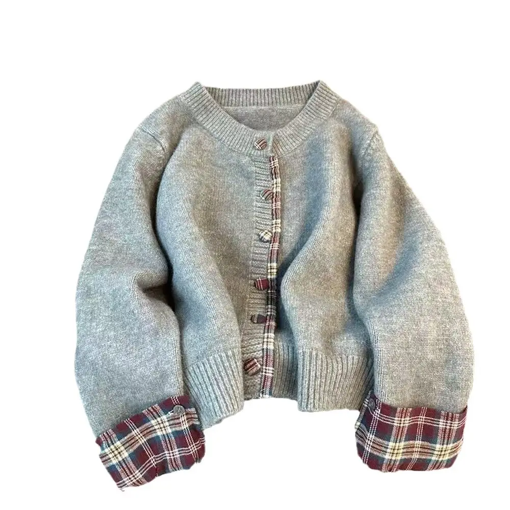 Women Plaid Knit Cardigan Gray Winter Warm