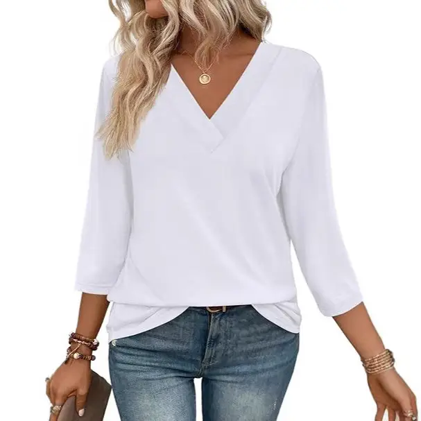 Women V Neck 3/4 Sleeve Knit Top Mint Blue Casual