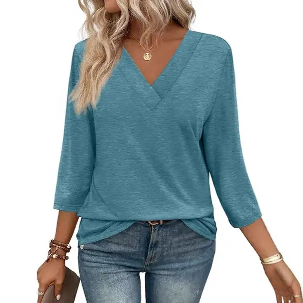 Women V Neck 3/4 Sleeve Knit Top Mint Blue Casual