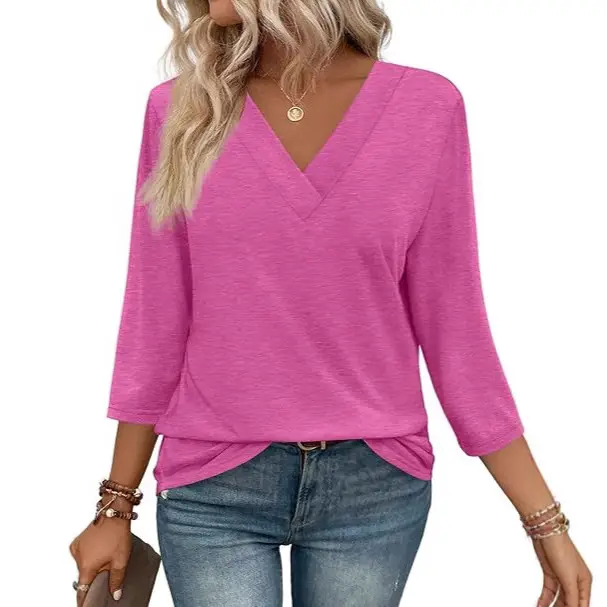 Women V Neck 3/4 Sleeve Knit Top Mint Blue Casual
