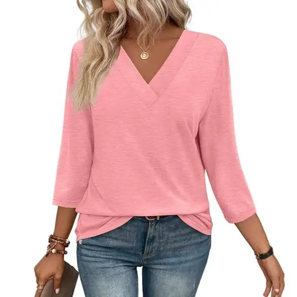 Women V Neck 3/4 Sleeve Knit Top Mint Blue Casual