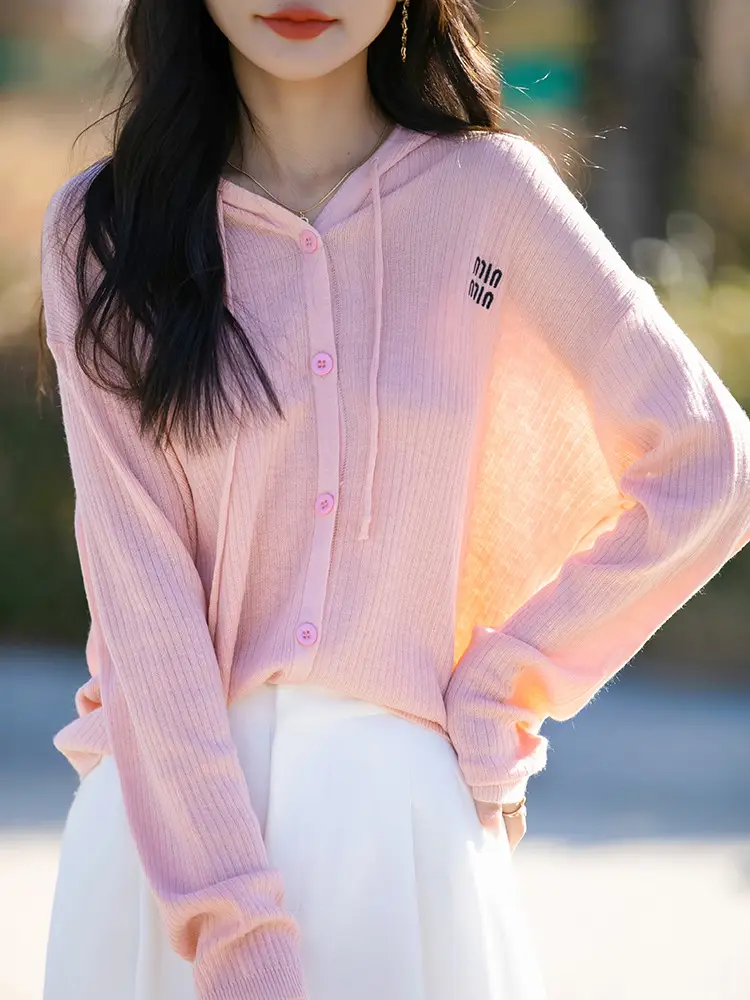 Women Hooded Knitted Cardigan Cream Slim Fit