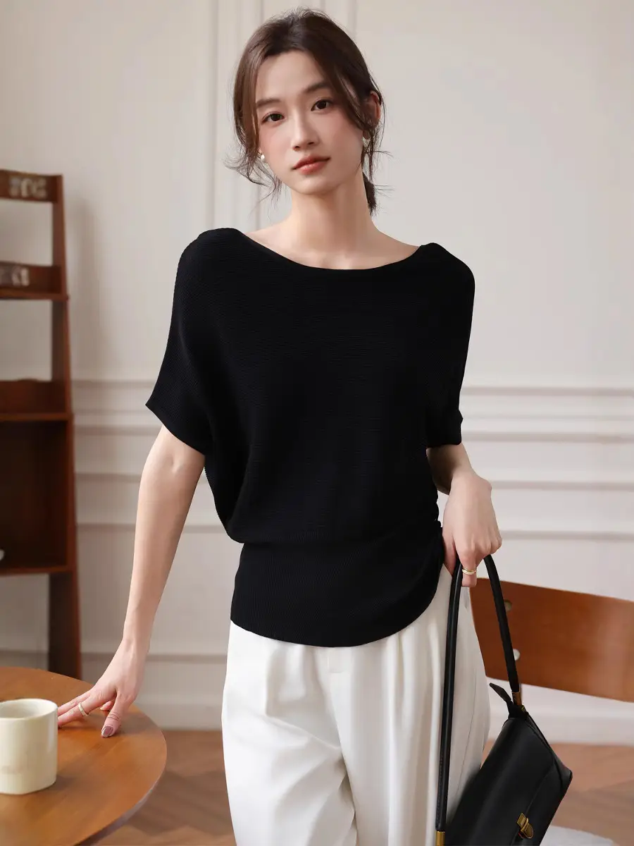 Women's Grey Slim Fit Knit Shirt with Side Buttons