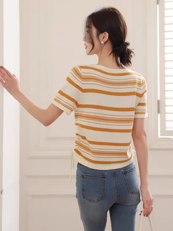 Women Striped V-neck Ice Silk T-shirt Black Cream Summer Retro Loose Fit