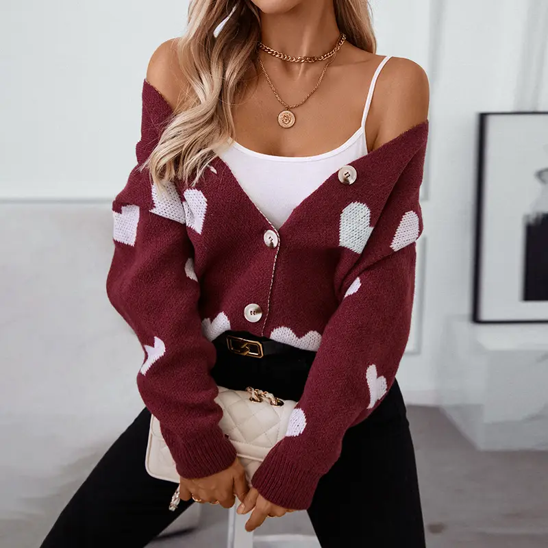 Wine Red Heart Jacquard Cardigan for Women