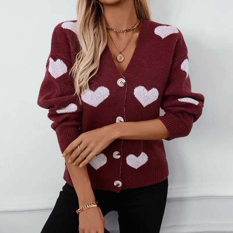Wine Red Heart Jacquard Cardigan for Women
