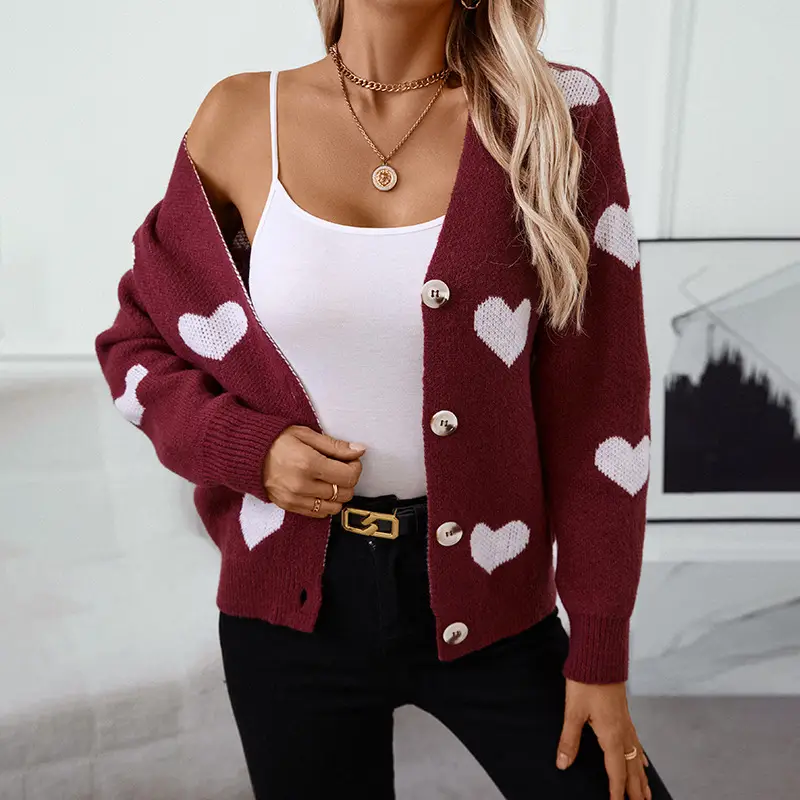 Wine Red Heart Jacquard Cardigan for Women