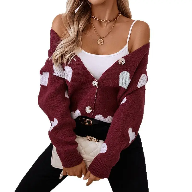 Wine Red Heart Jacquard Cardigan for Women