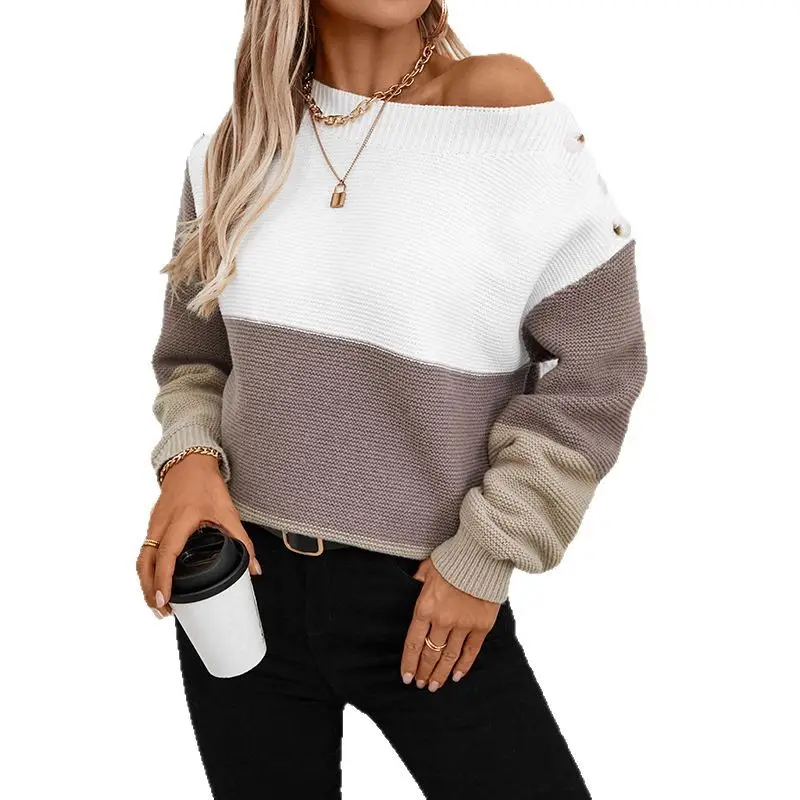 Women Loose Knit Sweater S-Brown Winter Pu Material