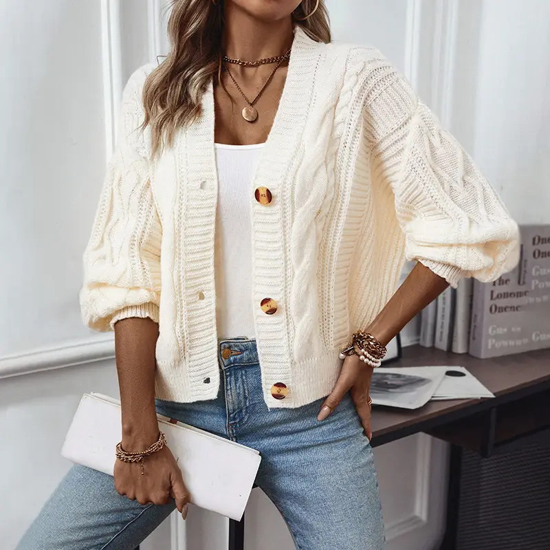 Women's V Neck Cable Knit Cardigan Cream Solid