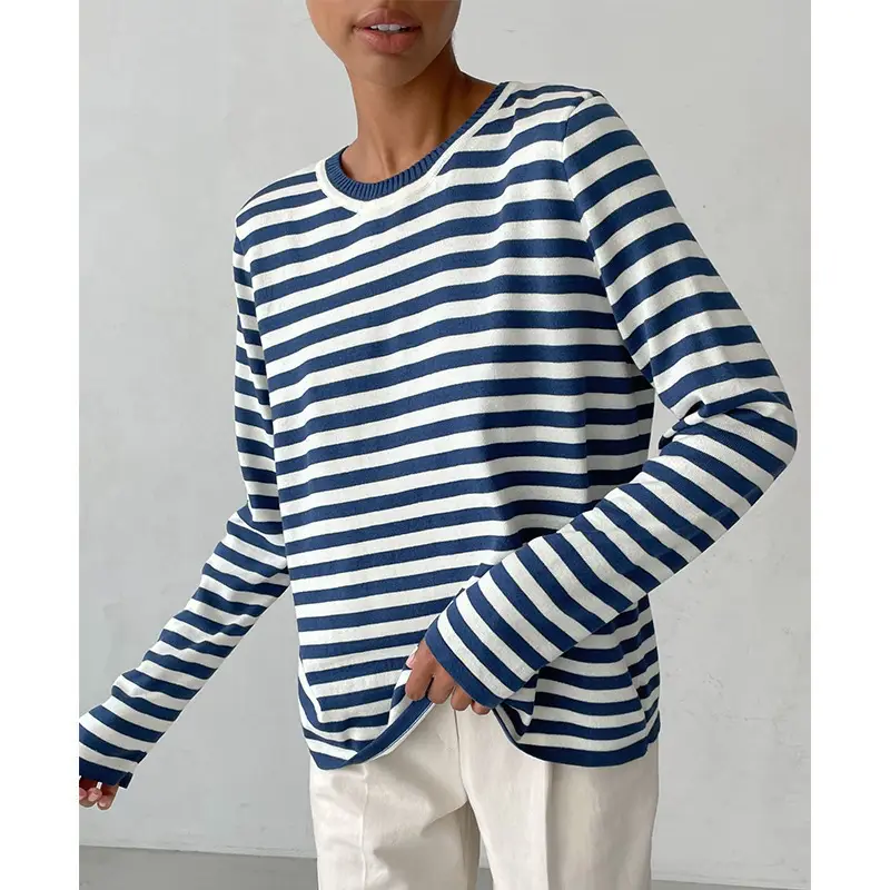 Women Striped Knitted Sweater Brown White Winter Retro