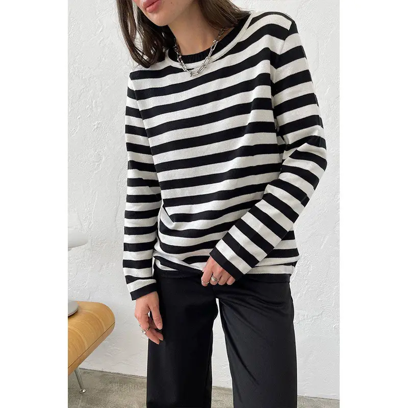 Women Striped Knitted Sweater Brown White Winter Retro