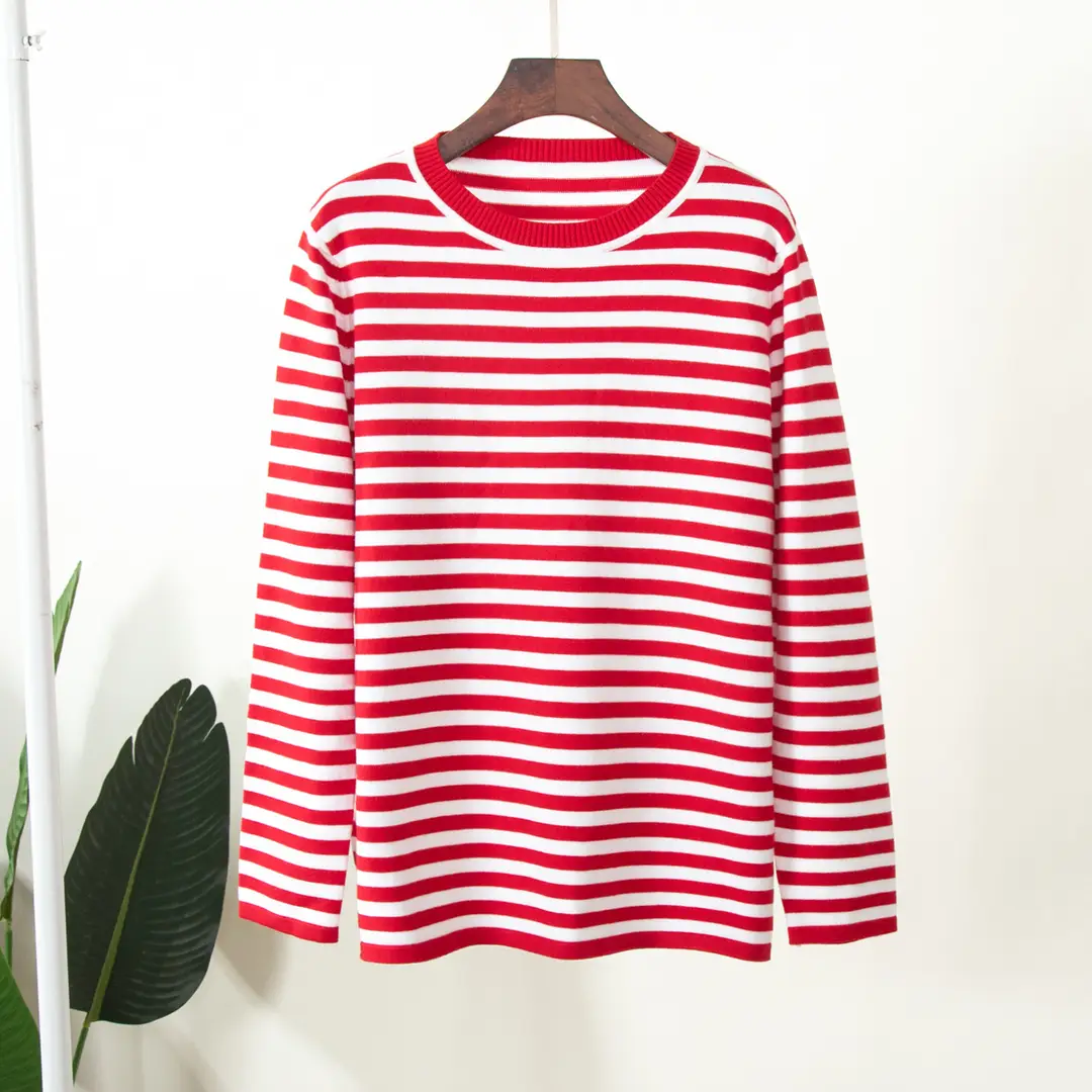 Women Striped Knitted Sweater Brown White Winter Retro
