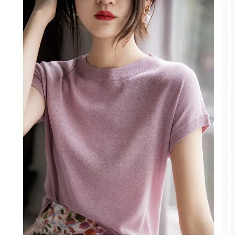 Women Silk Round Neck Short Sleeve Loose T-Shirt Blue