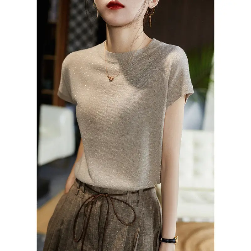Women Silk Round Neck Short Sleeve Loose T-Shirt Blue
