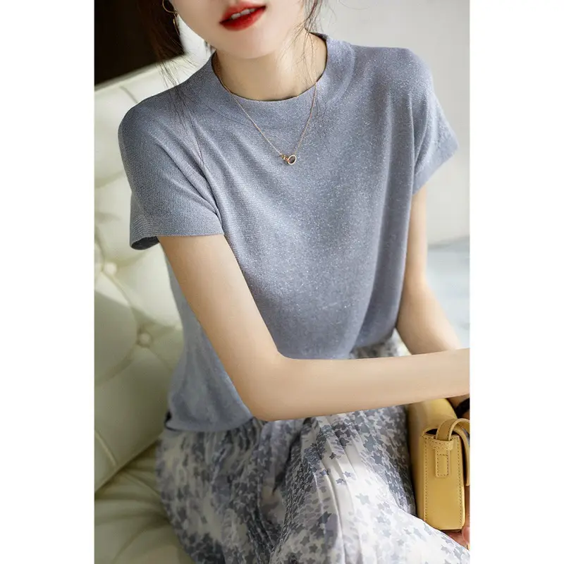 Women Silk Round Neck Short Sleeve Loose T-Shirt Blue