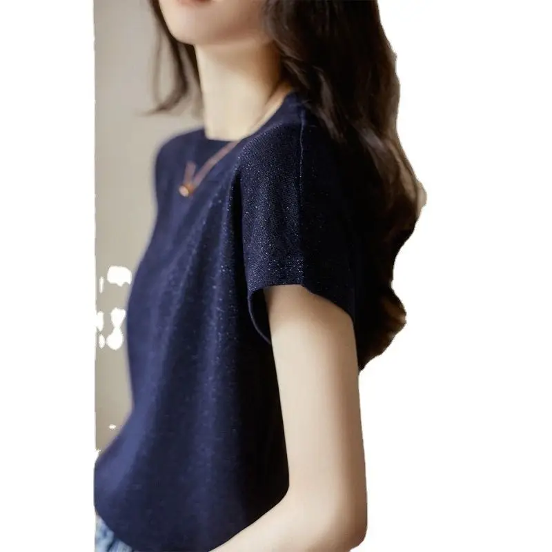 Women Silk Round Neck Short Sleeve Loose T-Shirt Blue
