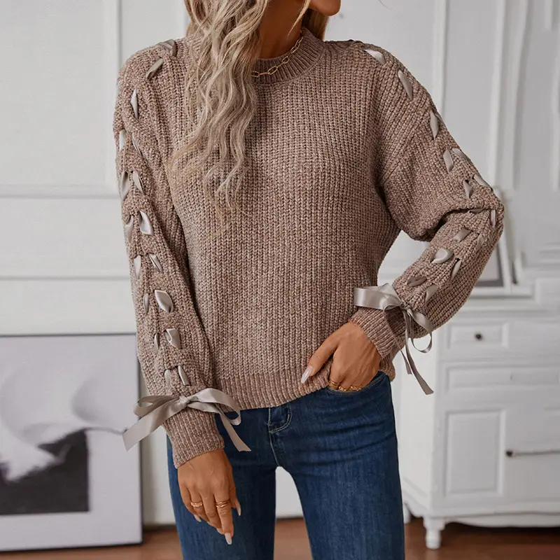 Women Lace-Up Sweater Autumn Winter Loose Bow Pu Material