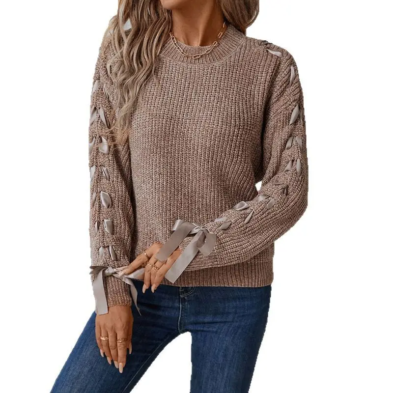 Women Lace-Up Sweater Autumn Winter Loose Bow Pu Material