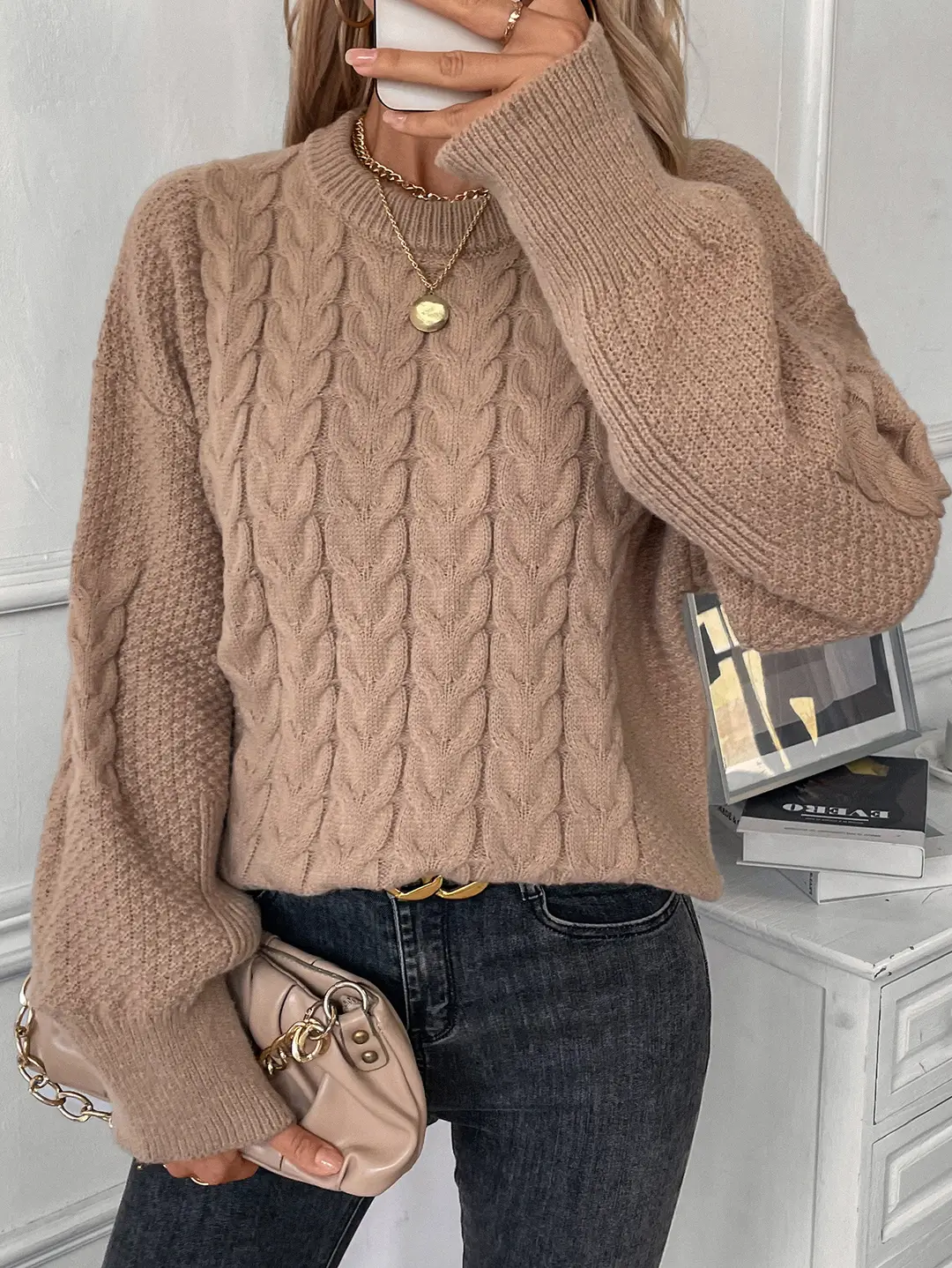 Women's Khaki Cable Knit Sweater Loose Fit Winter