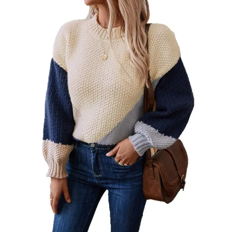 Women's Textured Pullover Sweater Blue Beige Winter Warm