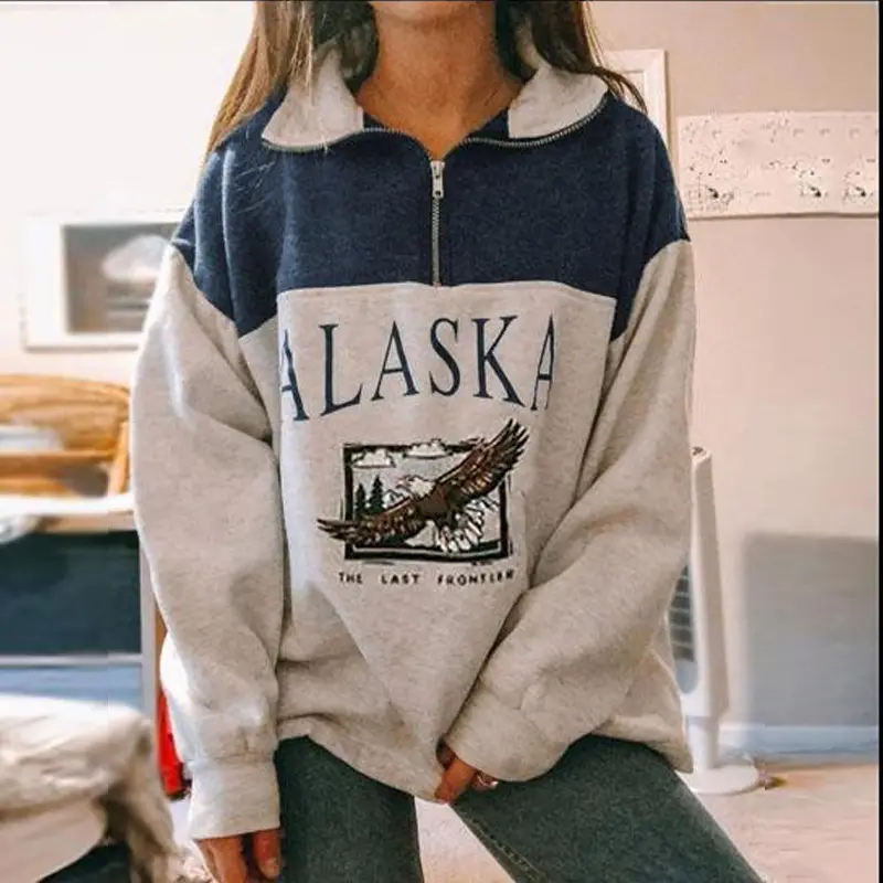 Women Zipper Print Sweater Alaska Eagle Grey Autumn