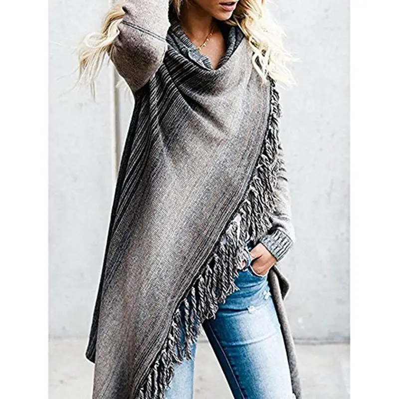 Women Gradient Stripe Tassel Shawl Sweater Autumn