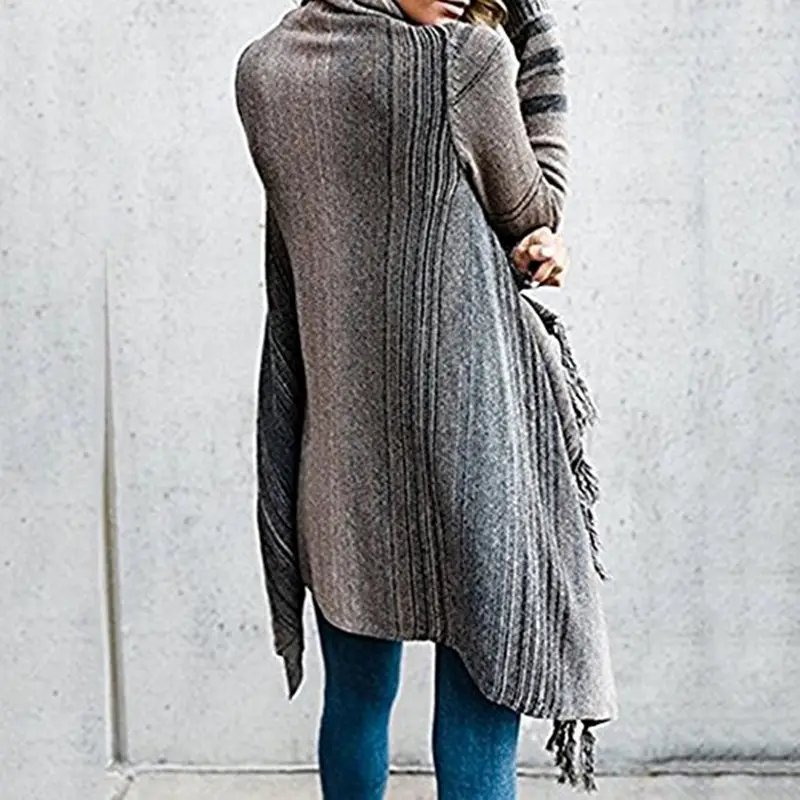 Women Gradient Stripe Tassel Shawl Sweater Autumn
