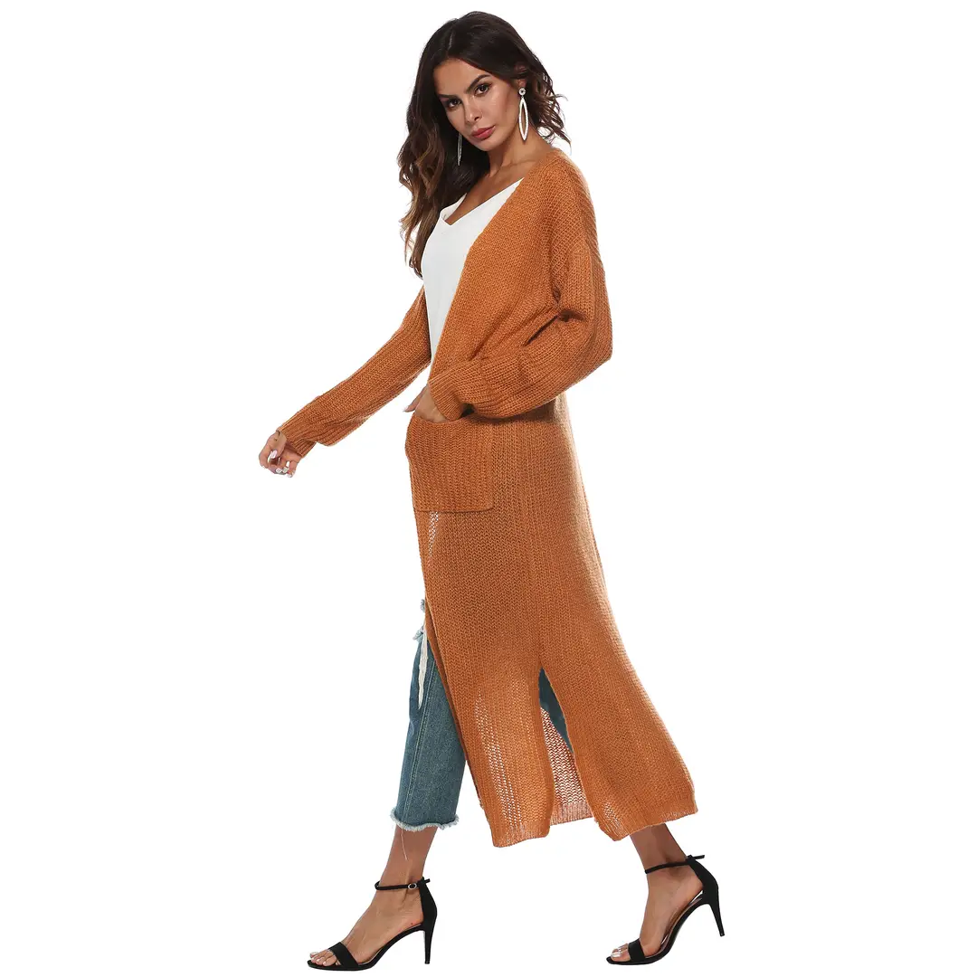 Women Long Knitted Cardigan Coat Split Skirt Solid Color