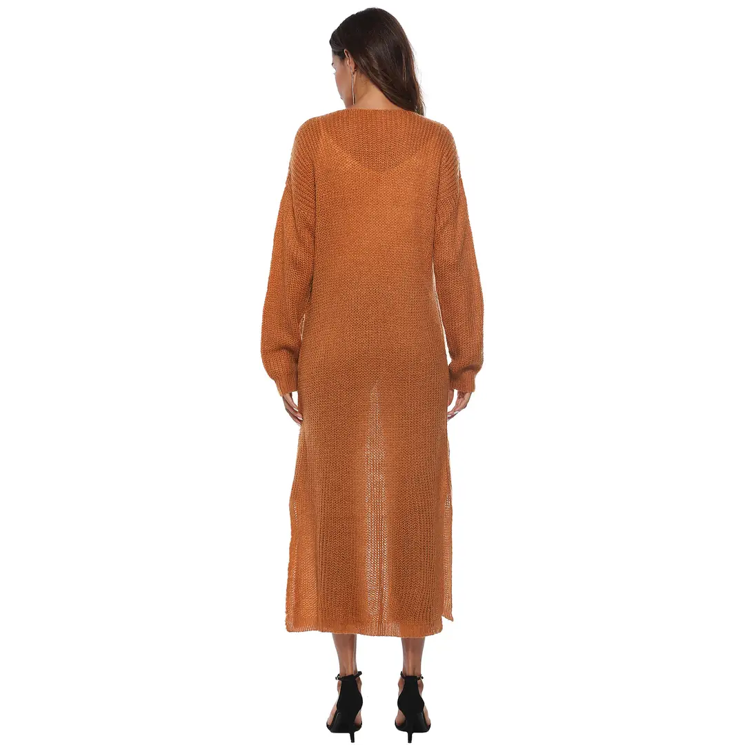 Women Long Knitted Cardigan Coat Split Skirt Solid Color