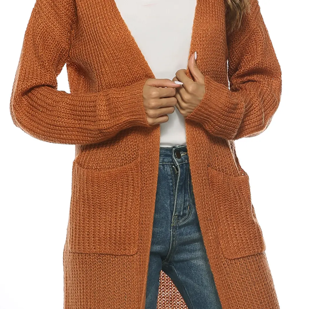 Women Long Knitted Cardigan Coat Split Skirt Solid Color