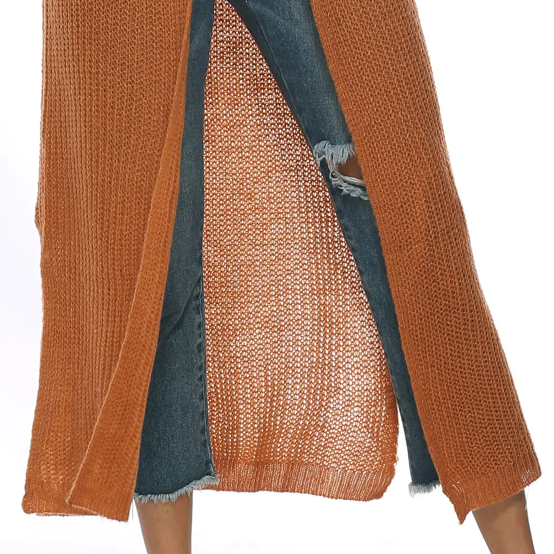 Women Long Knitted Cardigan Coat Split Skirt Solid Color