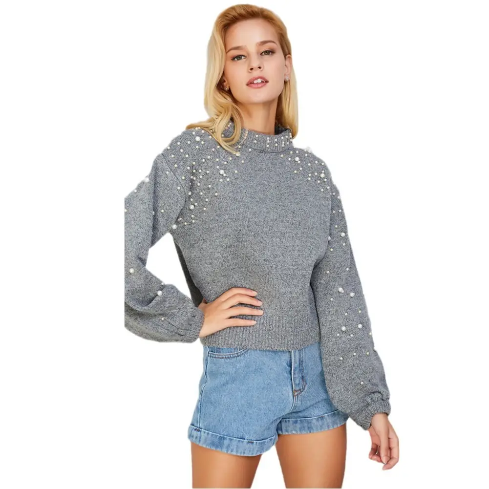 Women Beaded Knit Sweater Light Gray Autumn Winter