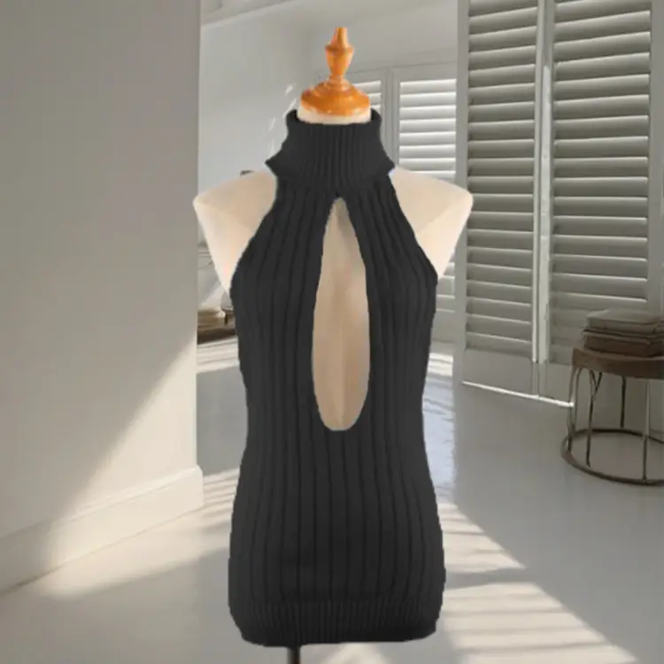 Women Sleeveless Turtleneck Knitted Sweater Backless Gray