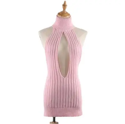 Women Sleeveless Turtleneck Knitted Sweater Backless Gray
