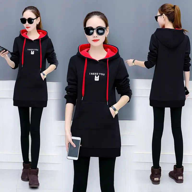 Women Hoodie Sweatshirt Red Fleece Loose Plus Size Autumn Winter