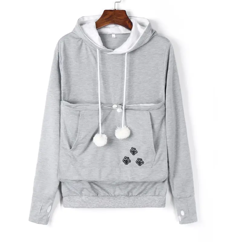 Women Hoodie with Paw Print Pocket Gray Autumn Winter