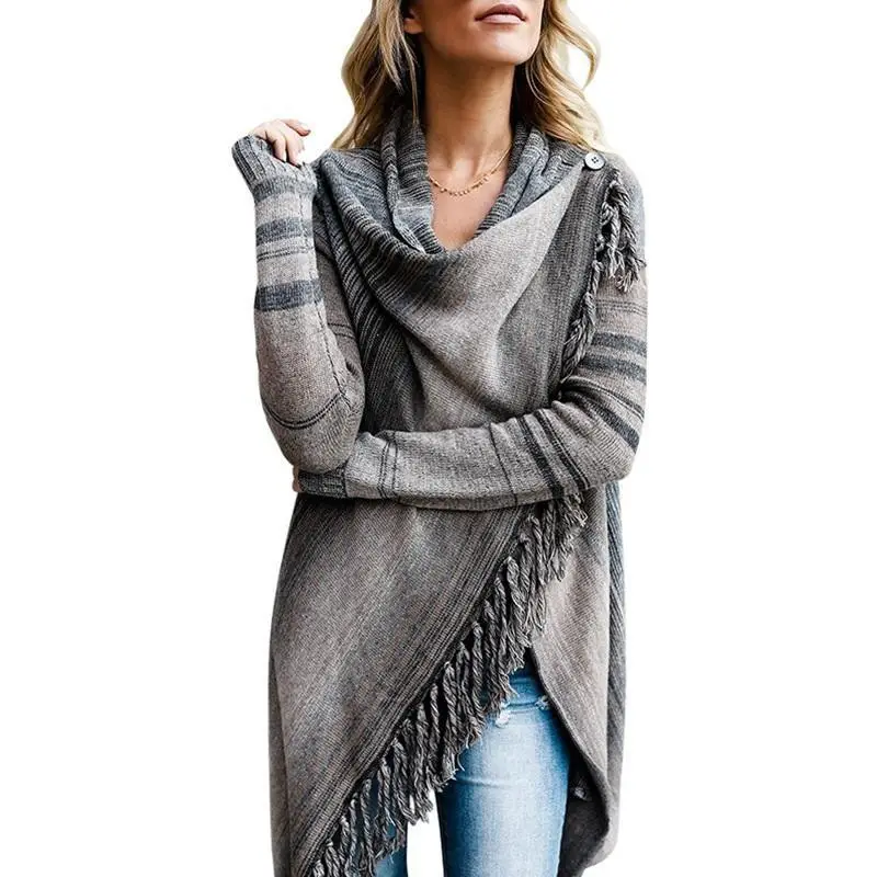 Women Gradient Stripe Tassel Cardigan Long Shawl Autumn Winter