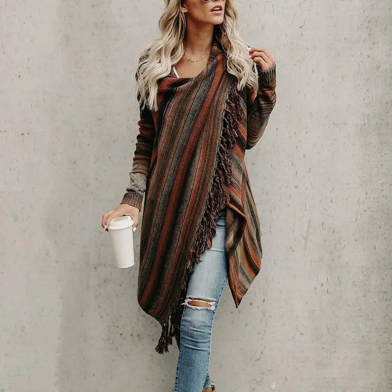 Women Gradient Stripe Tassel Cardigan Long Shawl Autumn Winter